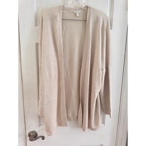 Garnet Hill Womens Open Front Cardigan Sz L Preppy LT Tan Thick Bottom Sleeve
